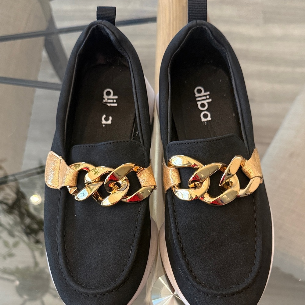 Diba Black Loafers with Gold Chain Accent